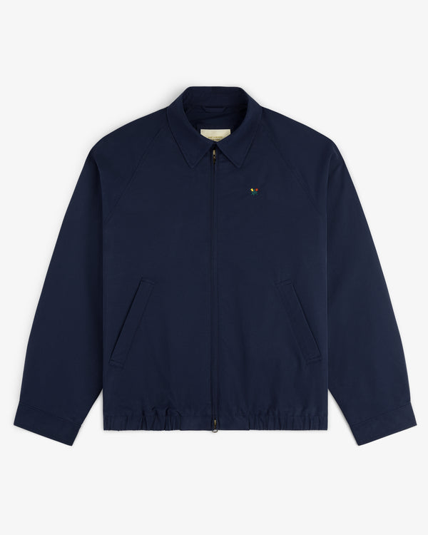 Crest Casual Jacket: navy blue zip-up with collar, slanted front pockets, and a small chest embroidered logo.