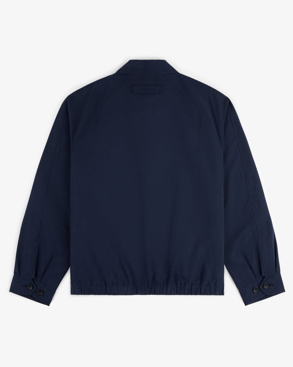 Crest Casual Jacket in navy blue, back view with buttoned cuffs and elasticated hem.