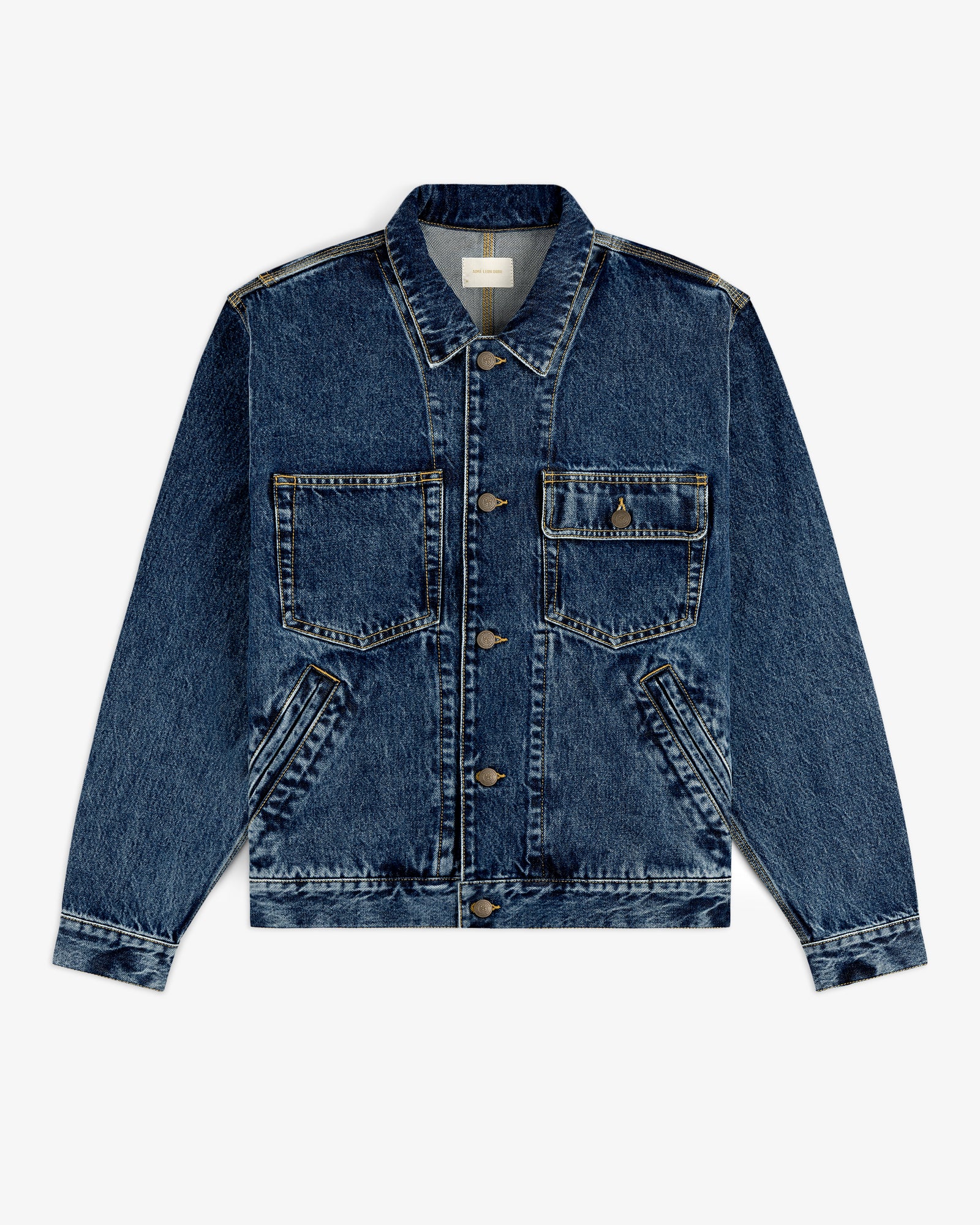 Denim Trucker Jacket with button-up front, two chest pockets, and angled side pockets laid flat on white.