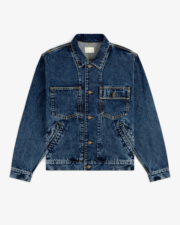 Denim Trucker Jacket with button-up front, two chest pockets, and angled side pockets laid flat on white.