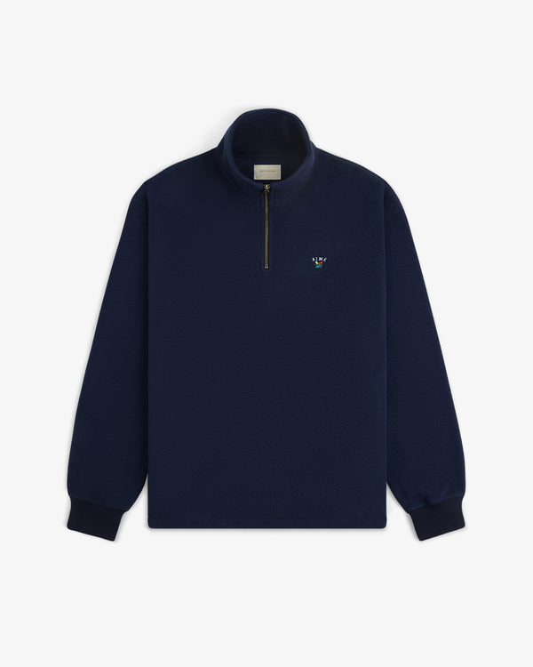 Crest Quarter-Zip Fleece Pullover in navy with stand-up collar and small embroidered chest logo.