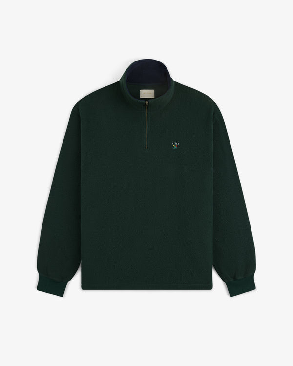 Crest Quarter-Zip Fleece Pullover in dark green with long sleeves and small embroidered chest logo.