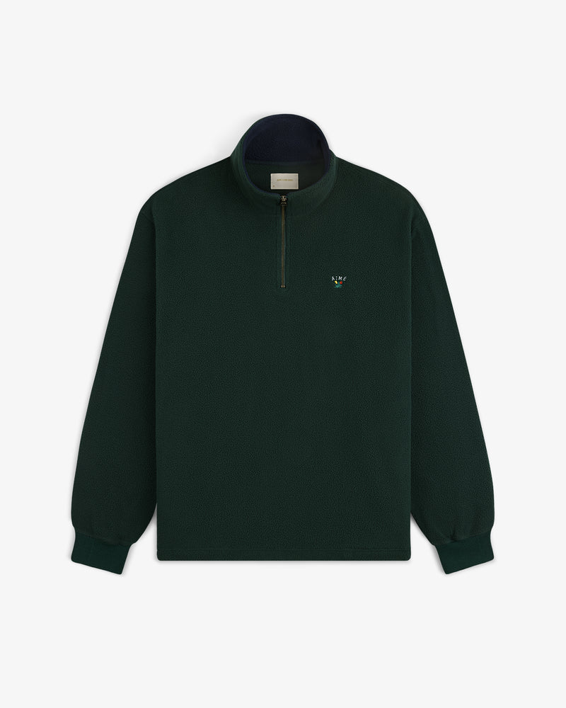 Crest Quarter-Zip Fleece Pullover in dark green with long sleeves and small embroidered chest logo.