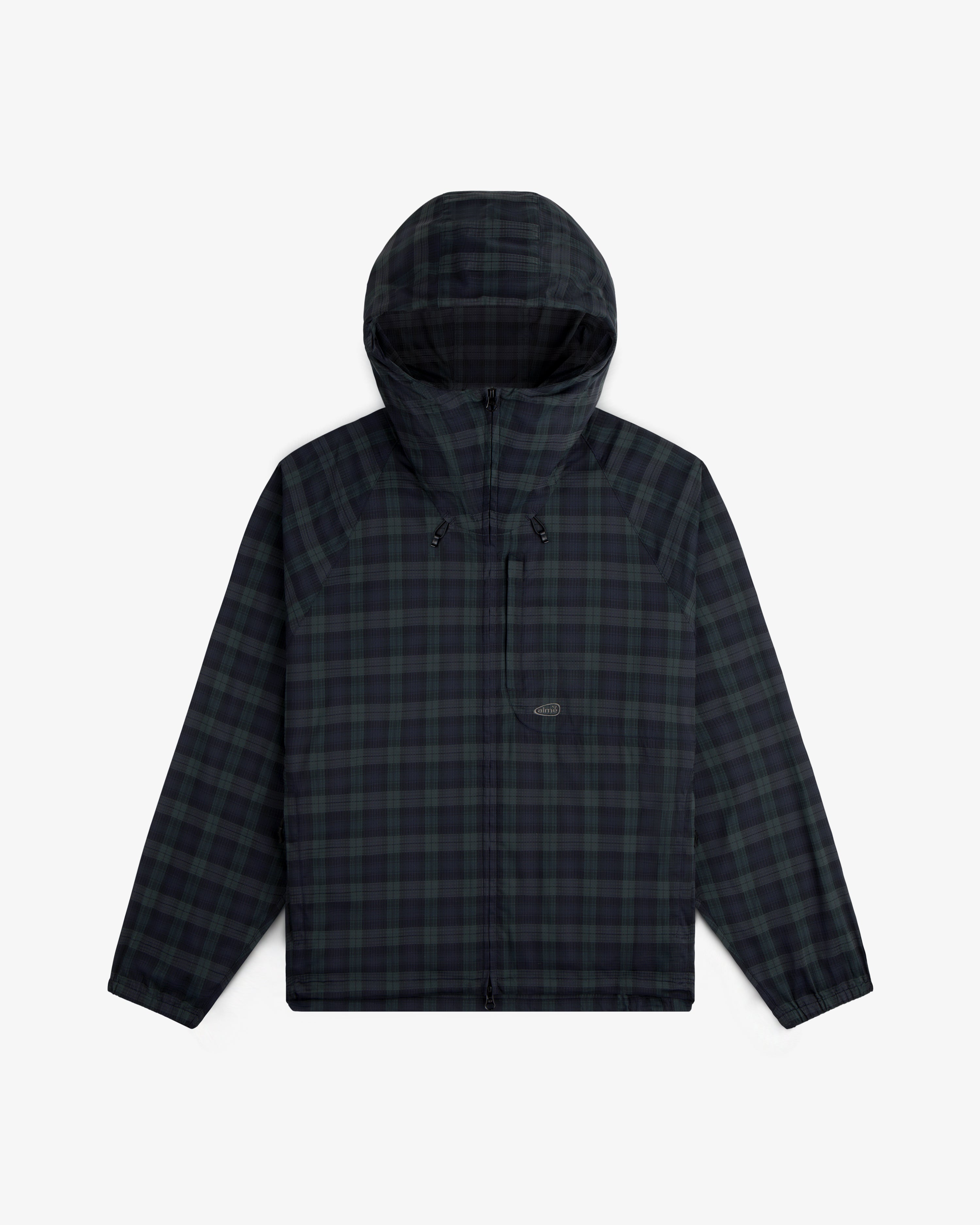 ALD Golf Lightweight Tips Windbreaker in dark green and black plaid with zipper, chest pocket, and drawstring hood.