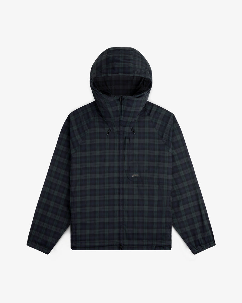 ALD Golf Lightweight Tips Windbreaker in dark green and black plaid with zipper, chest pocket, and drawstring hood.