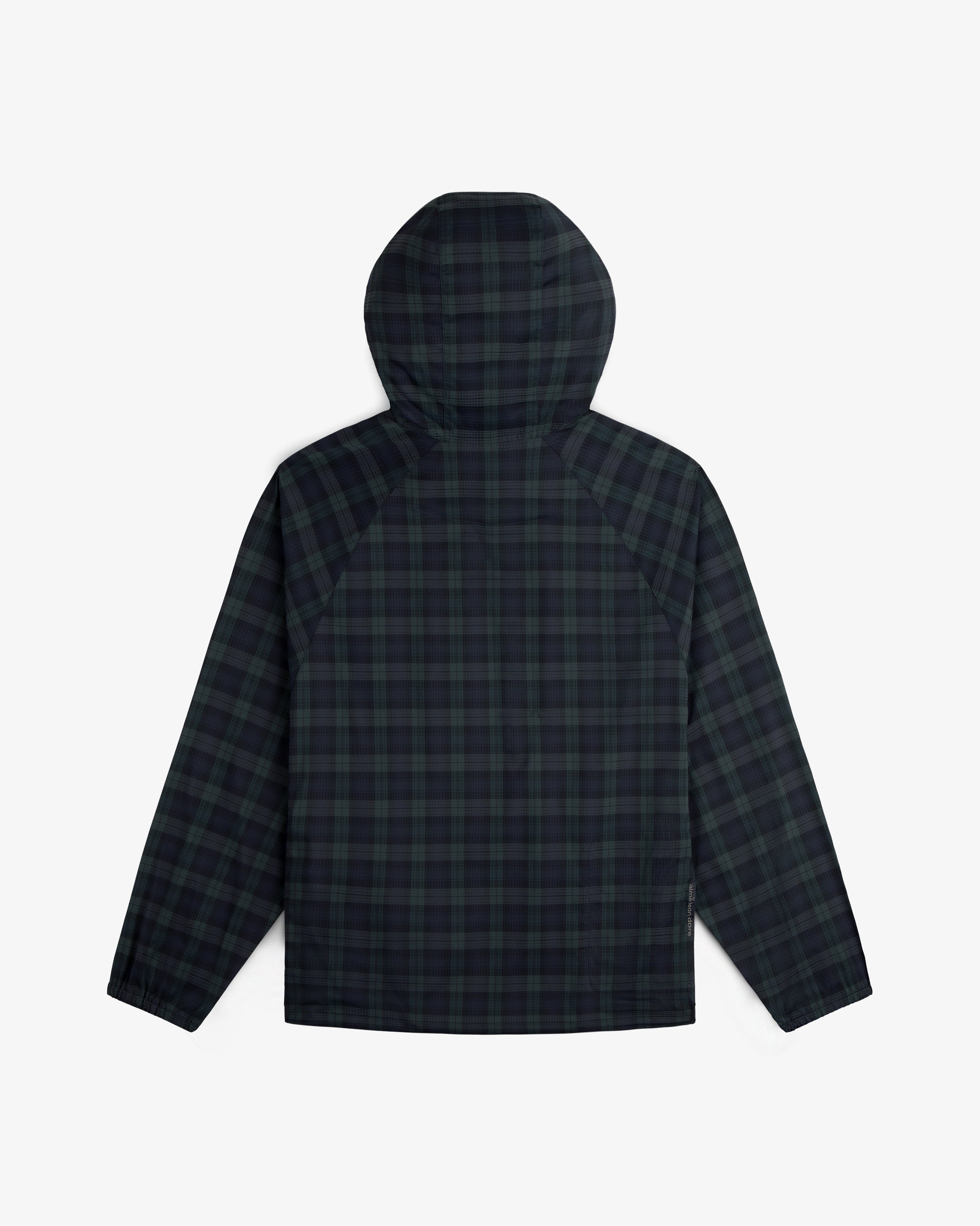 ALD Golf Lightweight Tips Windbreaker in dark green and navy plaid shown flat with back side facing up.
