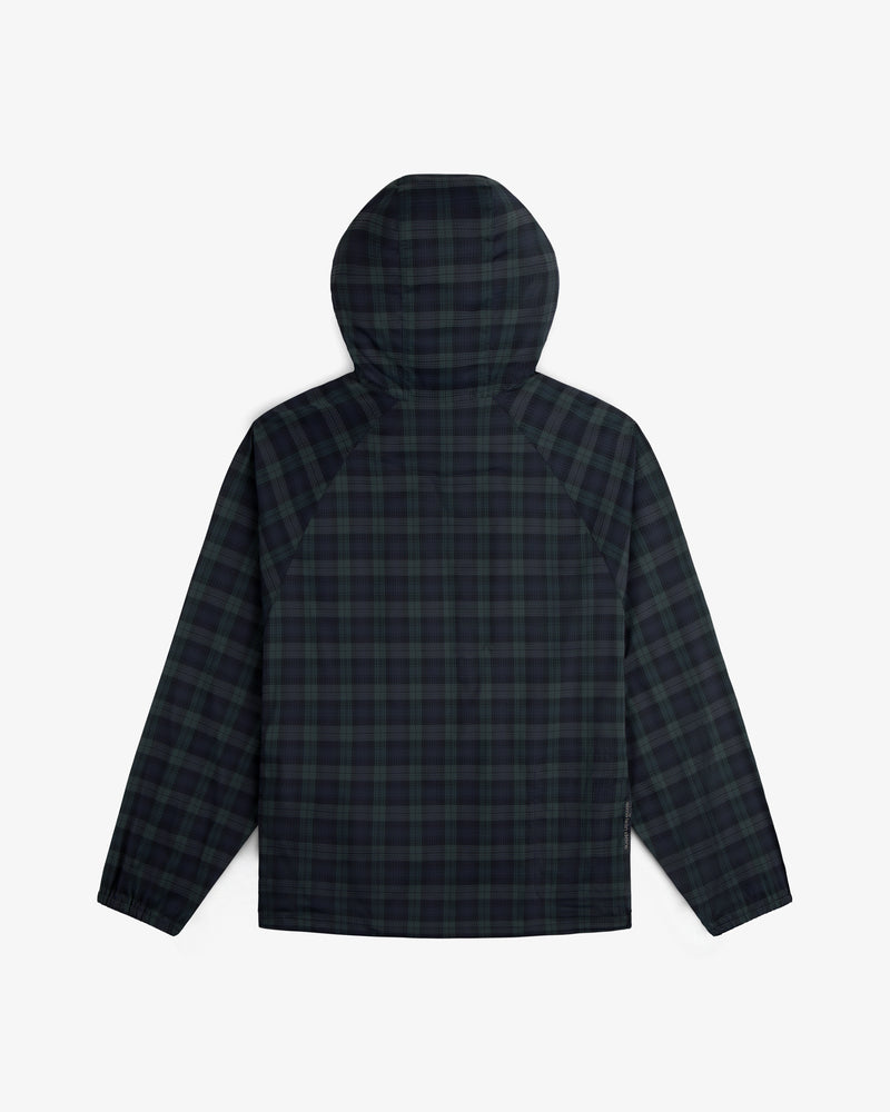ALD Golf Lightweight Tips Windbreaker in dark green and navy plaid shown flat with back side facing up.