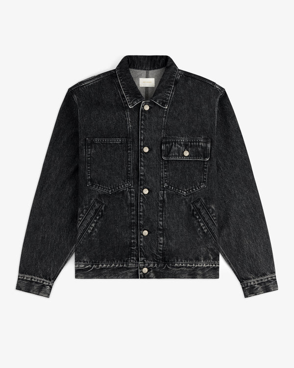 Denim Trucker Jacket with button closure, two chest pockets, and long sleeves, laid flat on a white background.