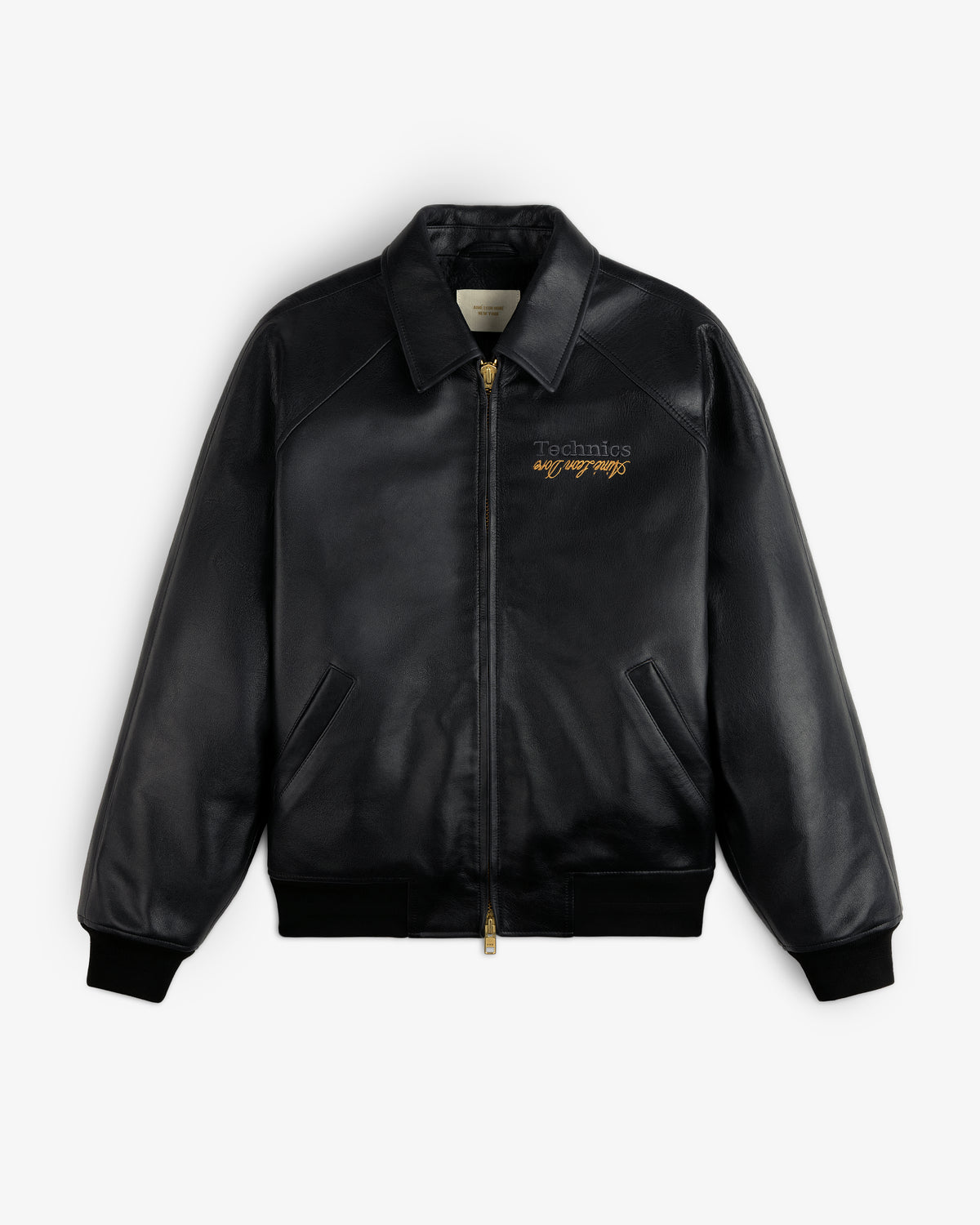 ALD / Technics Varsity Leather Jacket: black leather, gold zipper, front pockets, Technics gold embroidery on chest.