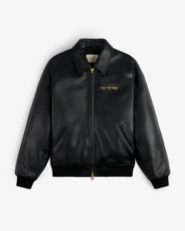 ALD / Technics Varsity Leather Jacket: black leather, gold zipper, front pockets, Technics gold embroidery on chest.