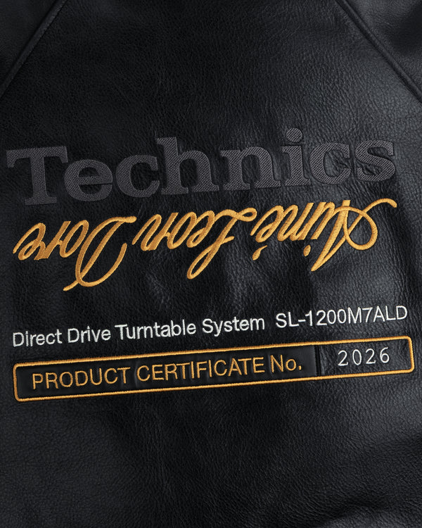 Black leather patch on ALD / Technics Varsity Jacket: Technics, Direct Drive Turntable System, CERTIFICATE No. 2026.