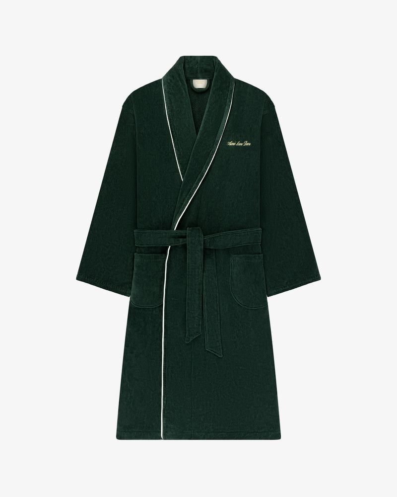 Mulberry Robe: Dark green with white piping, belted waist, front pockets, and chest embroidery.