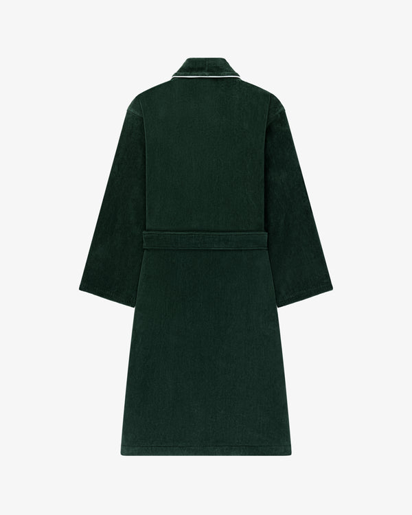 Mulberry Robe in dark green with white piping and a belt, shown from the back on a plain white background.