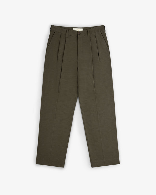 Olive green Double Pleated Pant with button closure, side pockets, and straight legs, laid flat on white background.