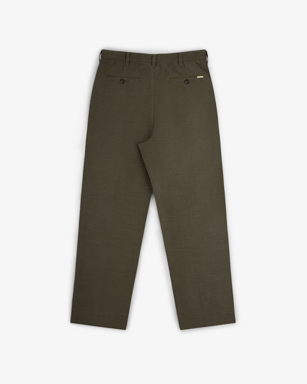 Back view of Double Pleated Pant in olive green with belt loops, two buttoned back pockets, and a straight-leg cut.