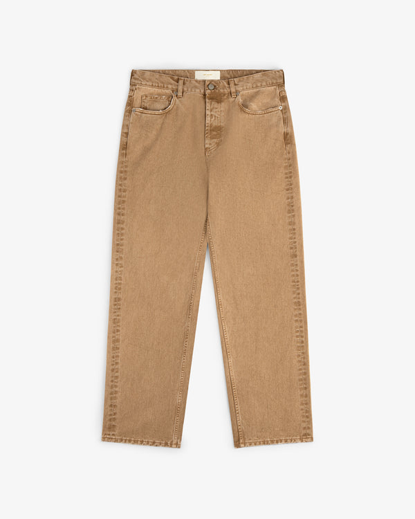 Flat lay of Relaxed Fit 5-Pocket Denim Pant in light brown with straight legs on a white background.