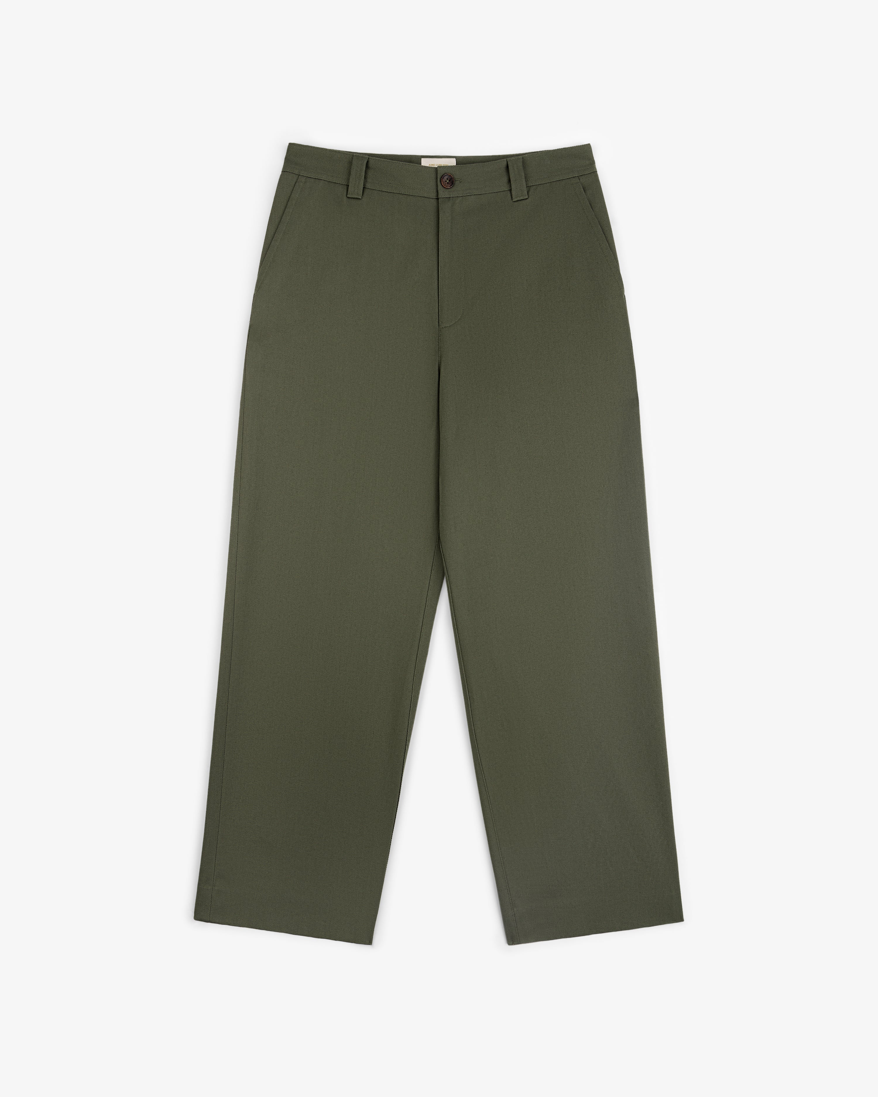 Officer Pant in olive green with wide legs, button-zip closure, belt loops, and side pockets on a white background.