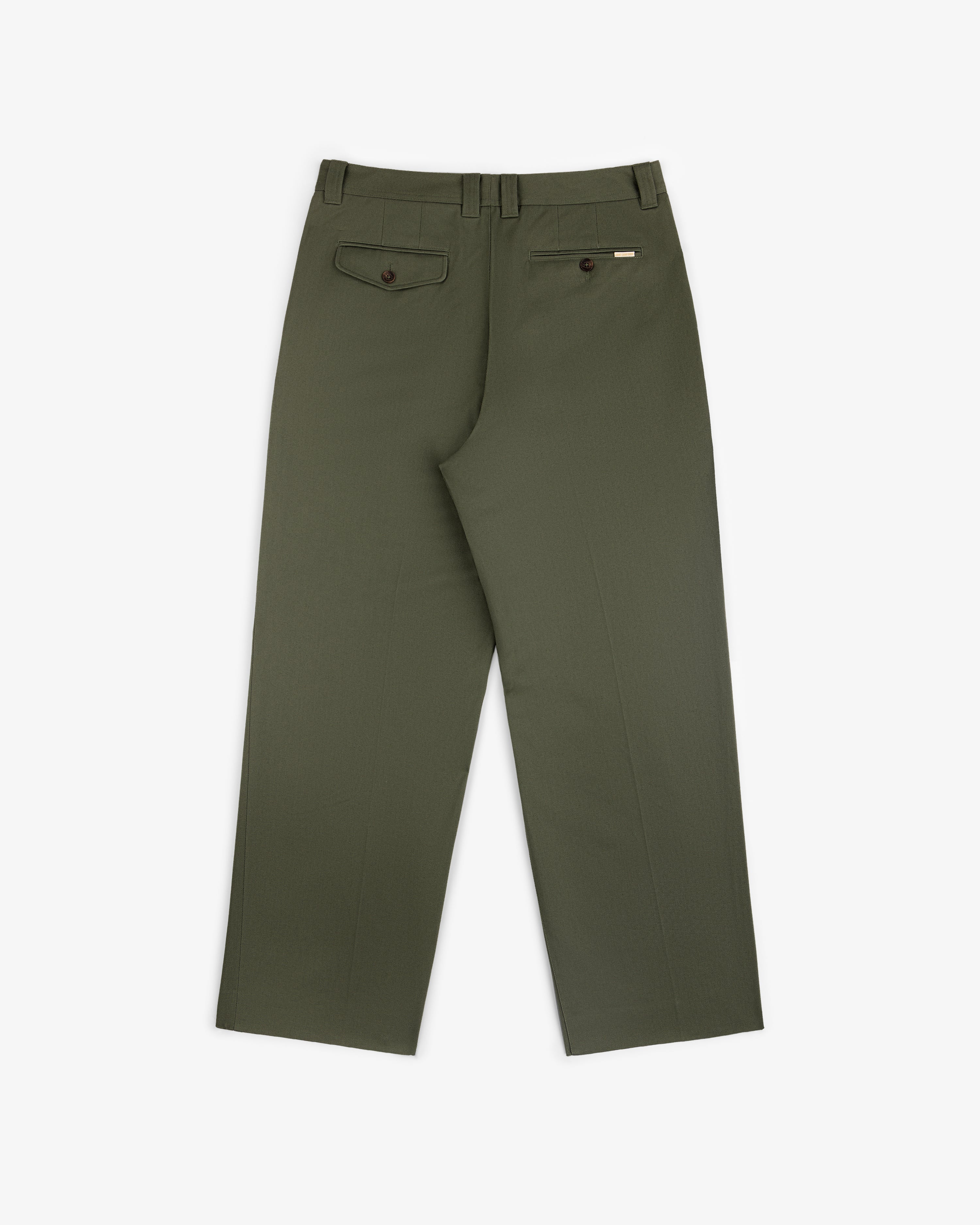 Officer Pant in olive green shown from the back with two buttoned pockets and straight legs on a white background.