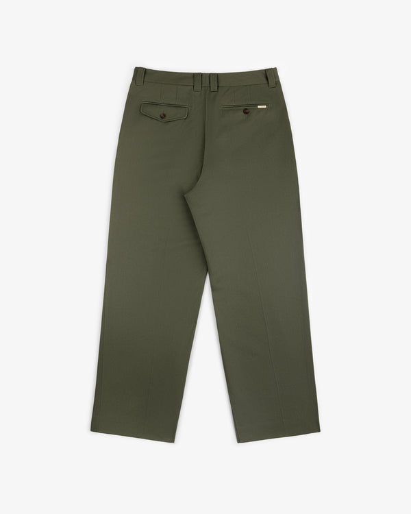 Officer Pant in olive green shown from the back with two buttoned pockets and straight legs on a white background.