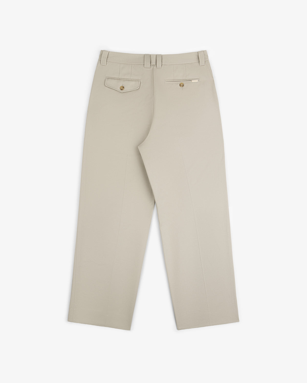 Officer Pant in beige shown from the back with two buttoned rear pockets and belt loops.