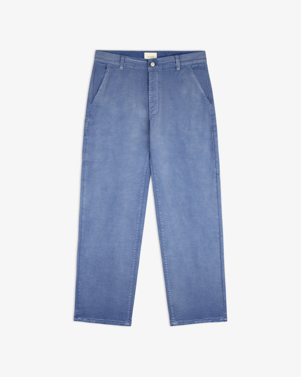 Linen Blend Carpenter Pant in light blue with straight legs, front pockets, belt loops, and button closure.