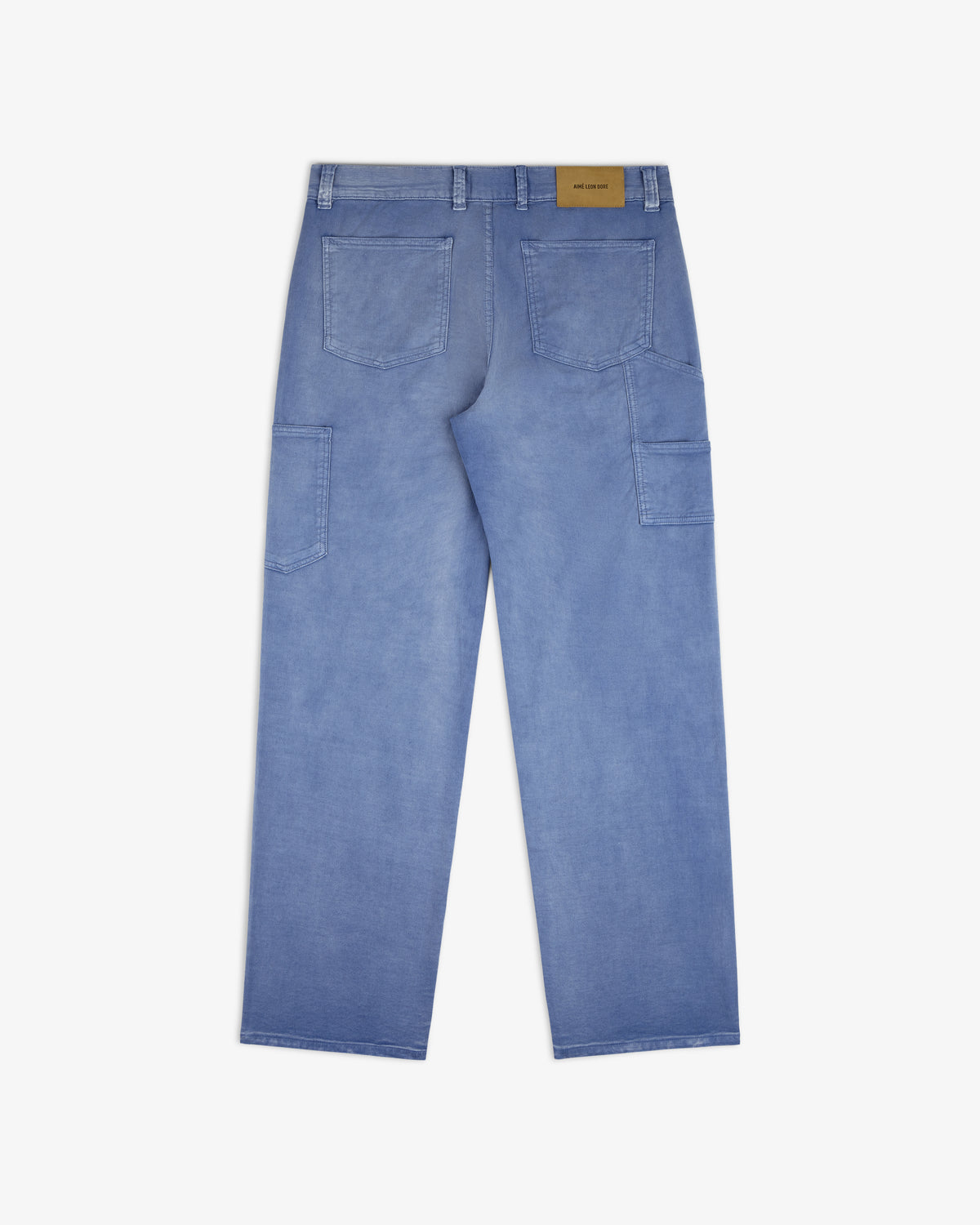 Linen Blend Carpenter Pant in light blue denim, shown from the back with large pockets and a tan label on the waistband.