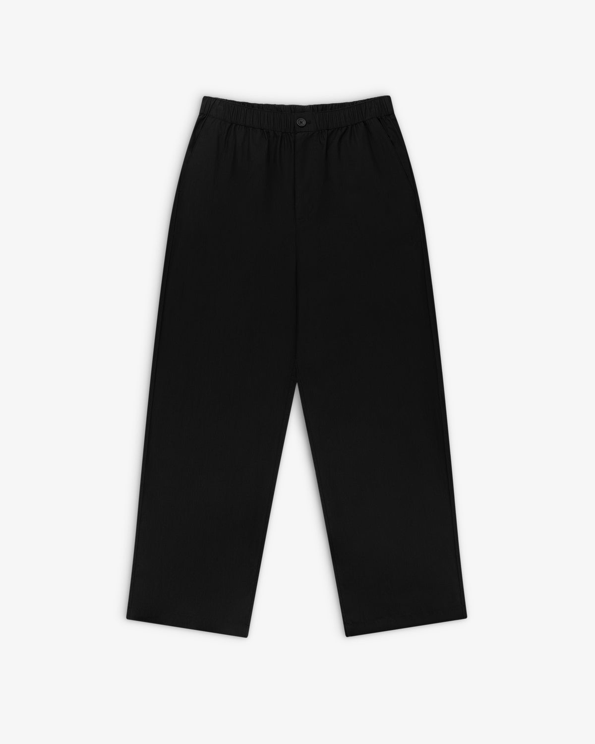 Relaxed Cotton Trouser in black with straight legs, elastic waistband, and button, shown on a white background.