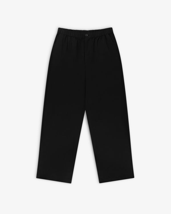 Relaxed Cotton Trouser in black with straight legs, elastic waistband, and button, shown on a white background.
