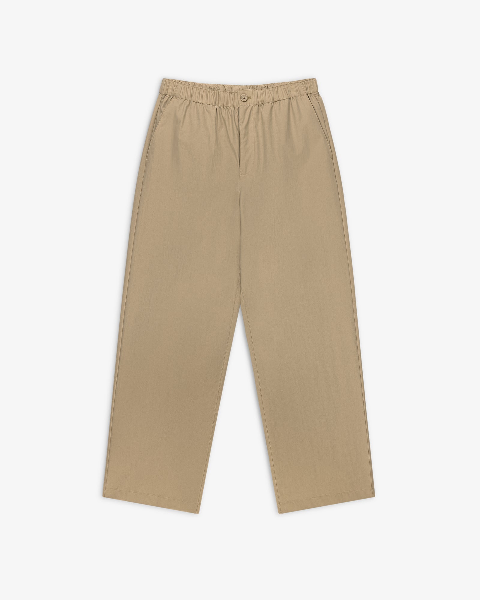 Relaxed Cotton Trouser in beige with straight legs, elastic waistband, button closure, and side pockets on white.