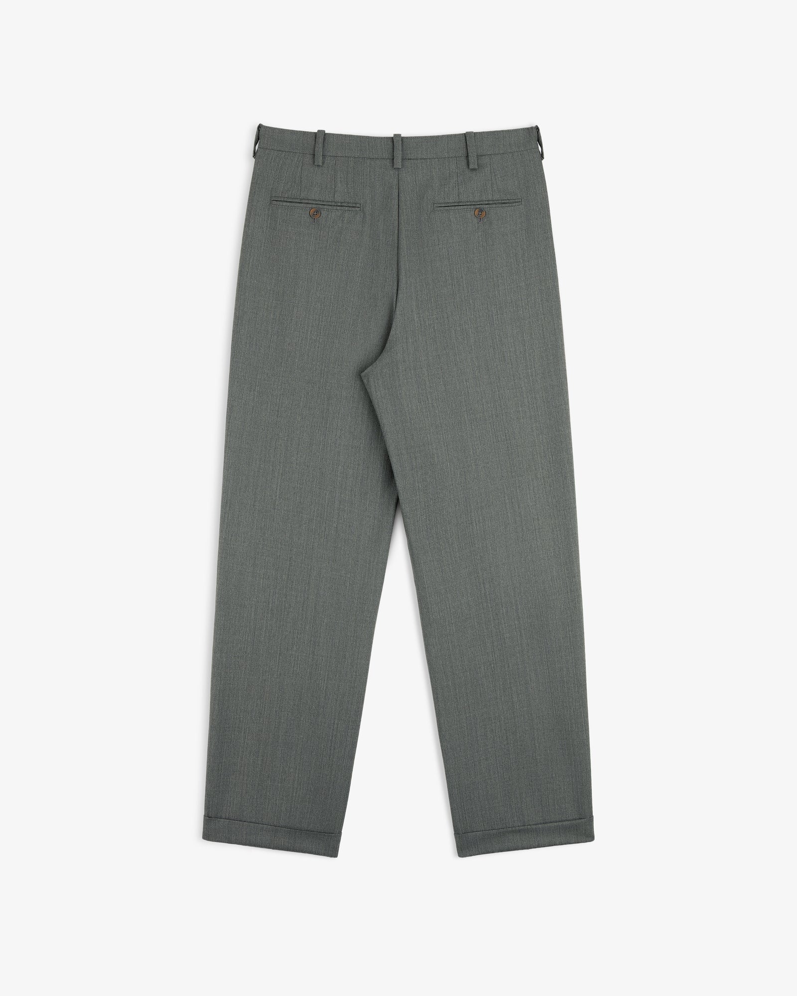 Lightweight Cuffed Trouser shown flat from the back, featuring belt loops and two buttoned pockets.