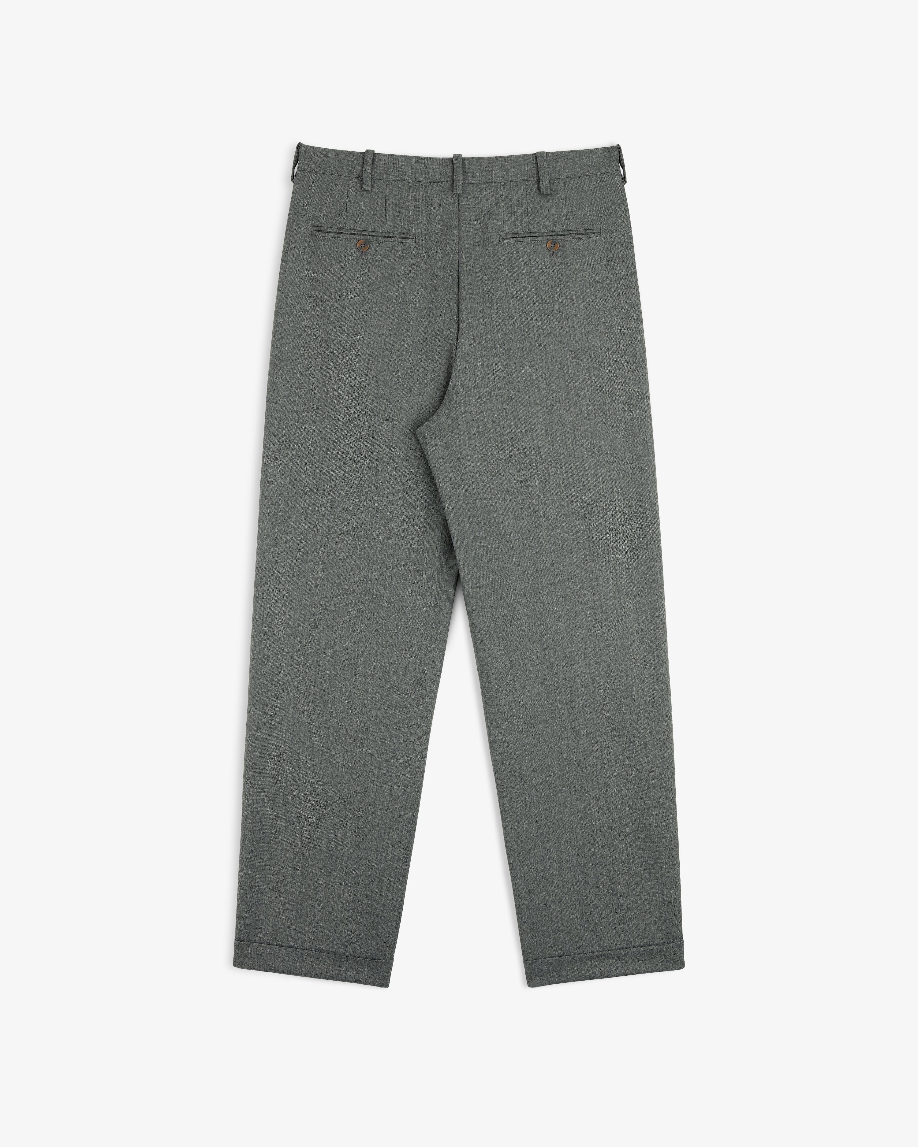 Lightweight Cuffed Trouser shown flat from the back, featuring belt loops and two buttoned pockets.
