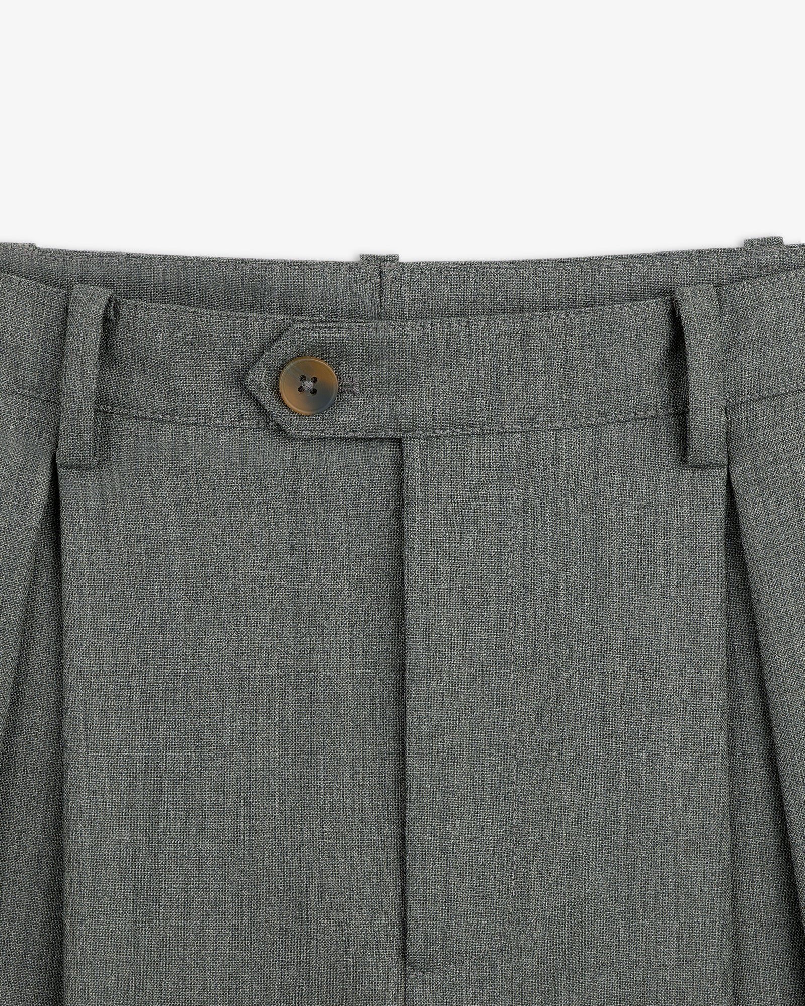 Close-up of the waistband on Lightweight Cuffed Trouser in gray, featuring a brown button and belt loops.
