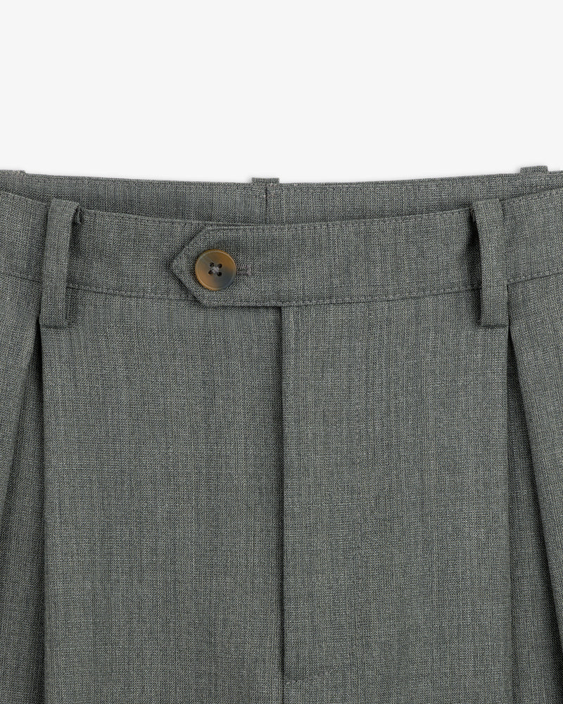Close-up of the waistband on Lightweight Cuffed Trouser in gray, featuring a brown button and belt loops.
