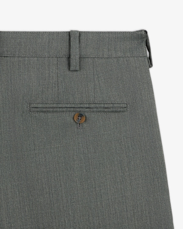 Close-up of Lightweight Cuffed Trouser in gray, featuring a back pocket with button closure and belt loop above.