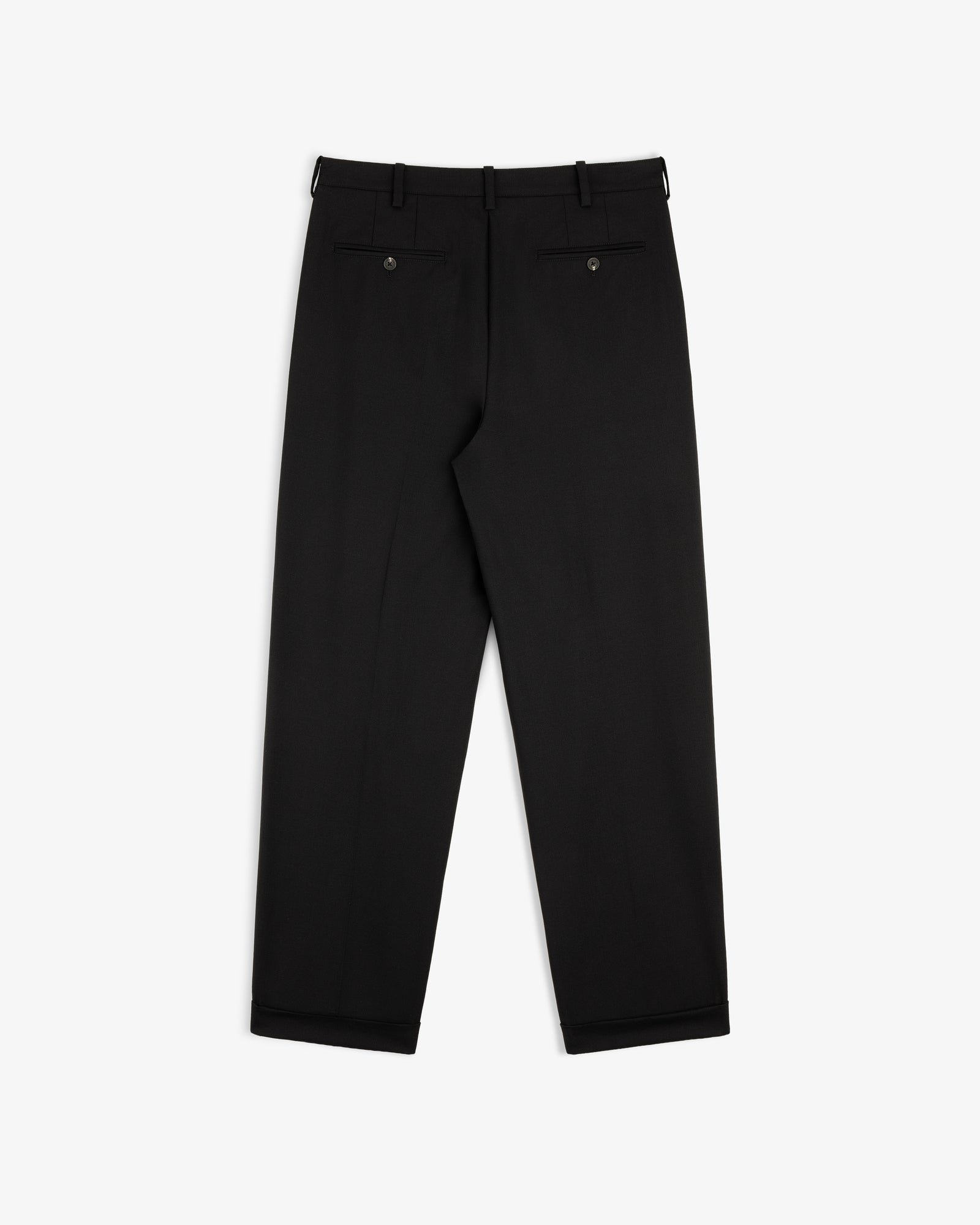 Lightweight Cuffed Trouser laid flat, back view, featuring two buttoned pockets and belt loops.