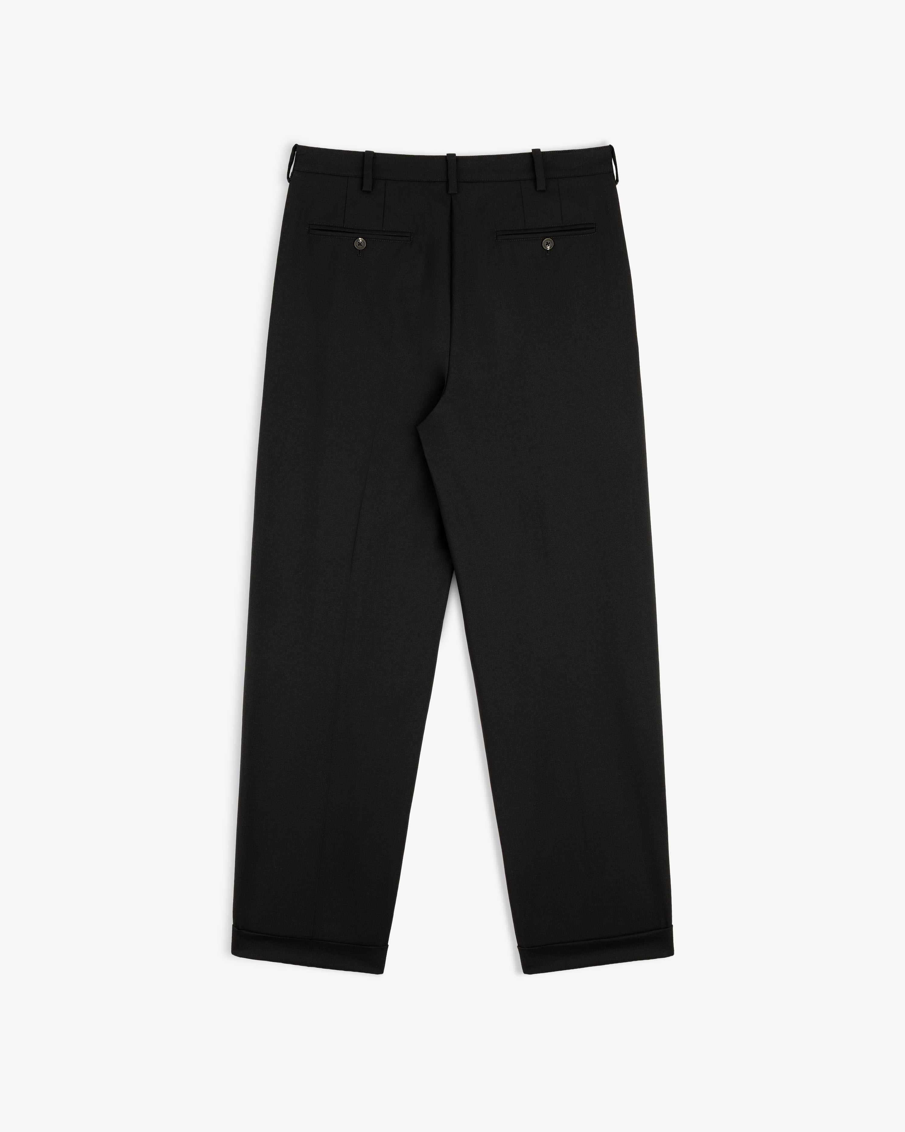 Lightweight Cuffed Trouser laid flat, back view, featuring two buttoned pockets and belt loops.