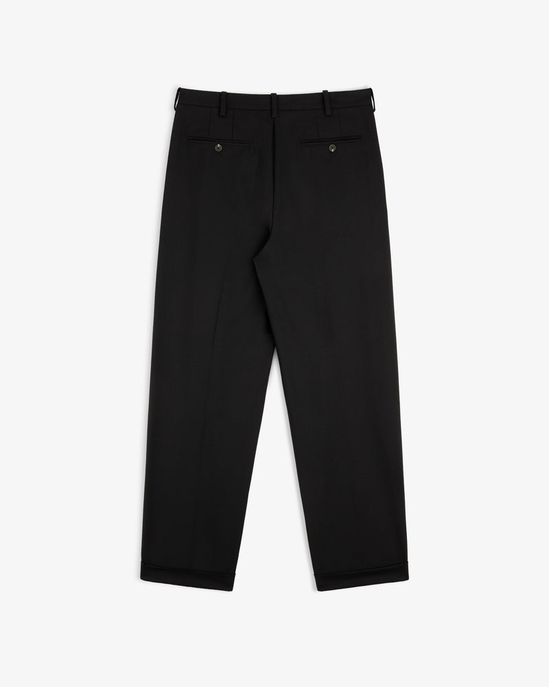 Lightweight Cuffed Trouser laid flat, back view, featuring two buttoned pockets and belt loops.