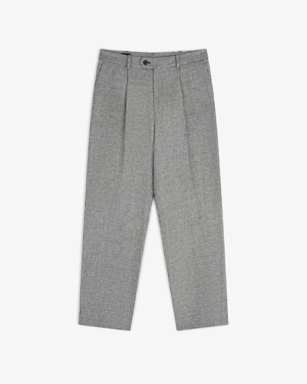 Houndstooth Pleated Trouser with button closure, laid flat on a white background.