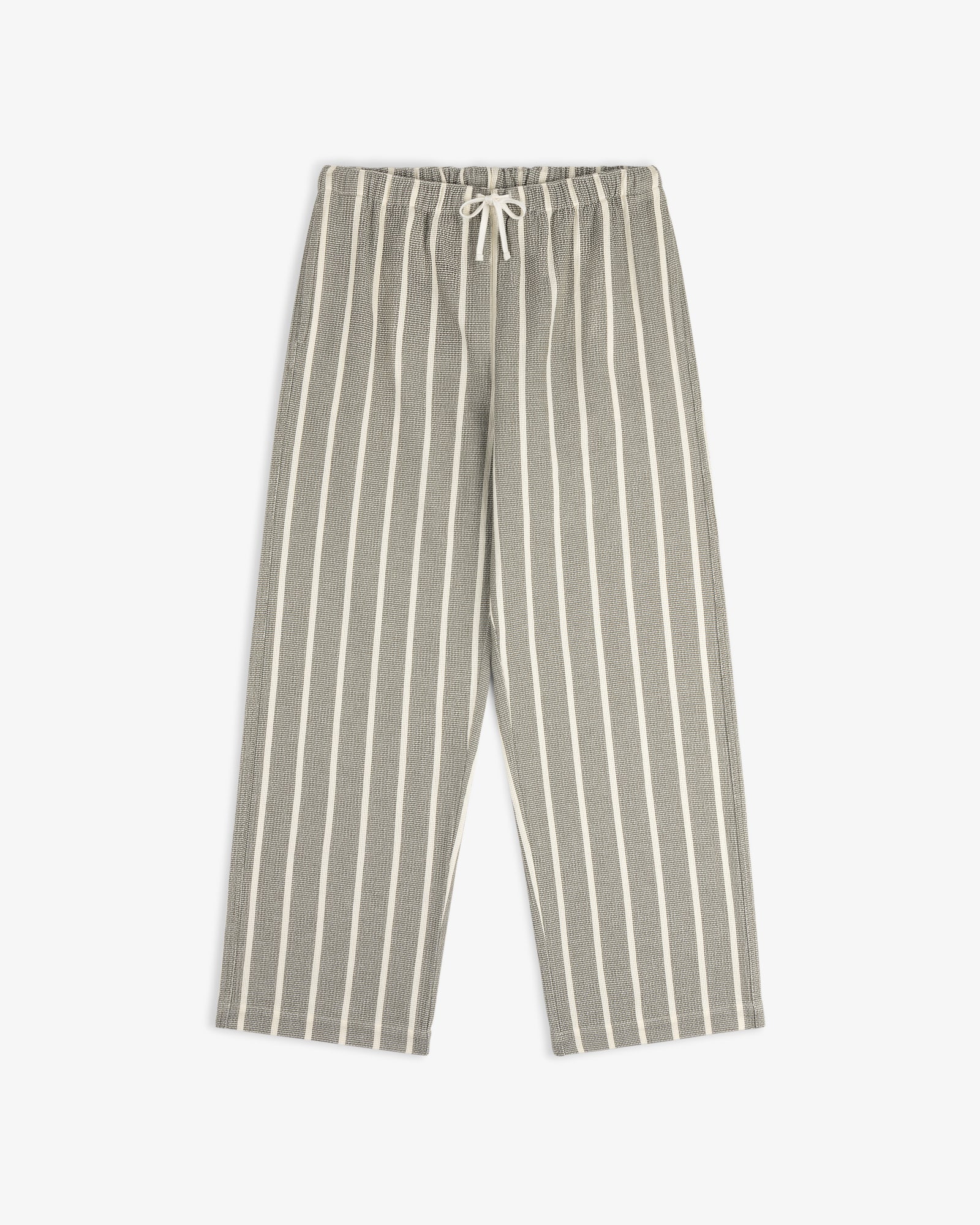 The Wide Leg Shore Pant features gray fabric with white stripes, an elastic drawstring waist, and wide legs.