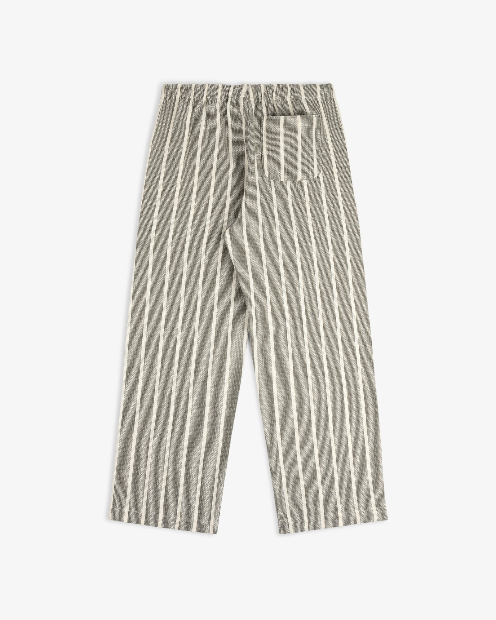 Wide Leg Shore Pant in gray with vertical white stripes, elastic waistband, and single back pocket, shown flat.
