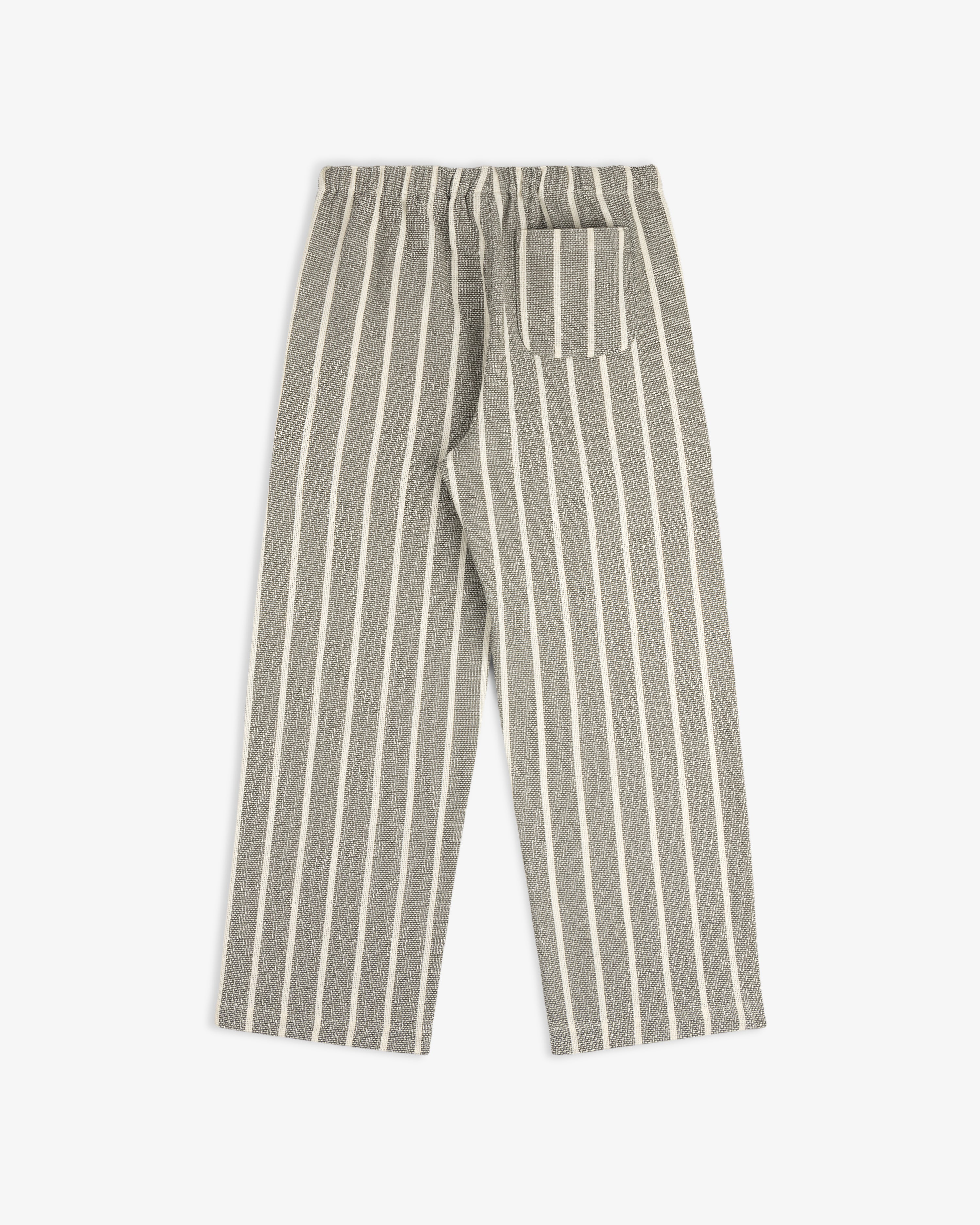 Wide Leg Shore Pant in gray with vertical white stripes, elastic waistband, and single back pocket, shown flat.