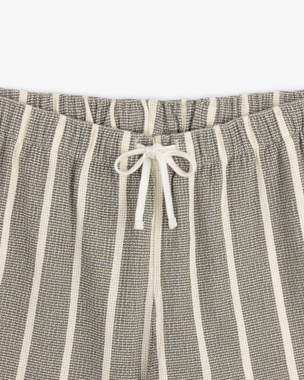 Gray and white striped Wide Leg Shore Pant with elastic waistband and center white drawstring bow.