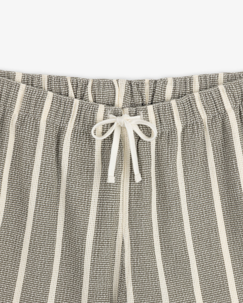 Gray and white striped Wide Leg Shore Pant with elastic waistband and center white drawstring bow.