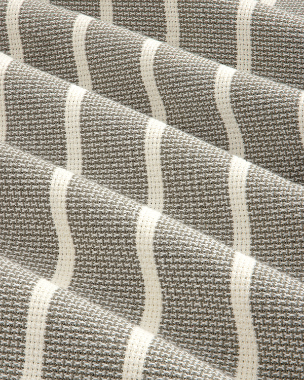 Close-up of Wide Leg Shore Pant in gray and white houndstooth with cream horizontal stripes and textured weave.