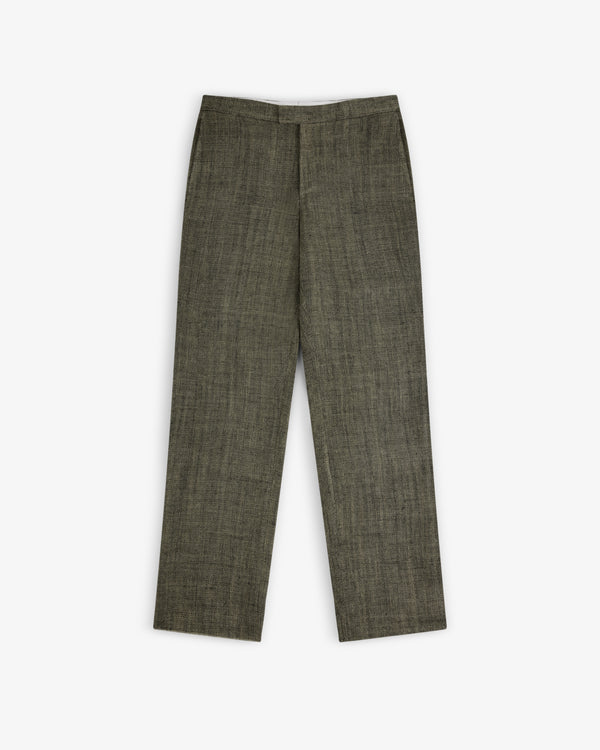 The Yarn Dyed Linen Suit Trouser features a grey-brown straight-leg fit and subtle textured fabric, shown on white background.