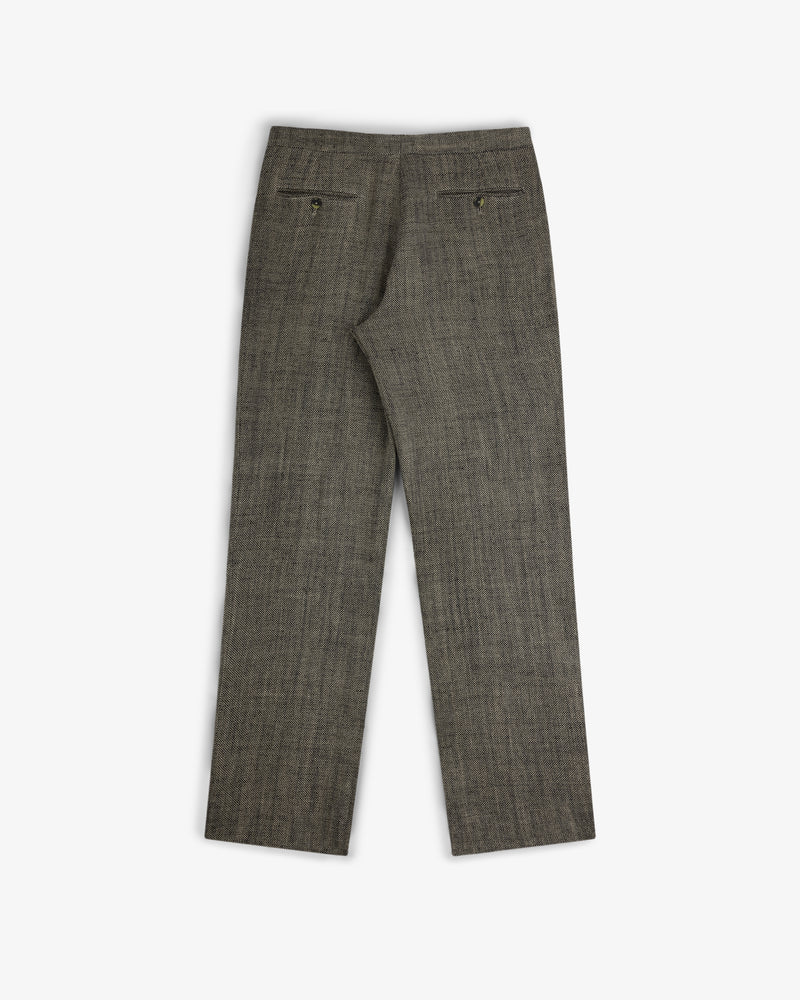 Back view of Yarn Dyed Linen Suit Trouser in gray with two buttoned welt pockets, laid flat on white background.