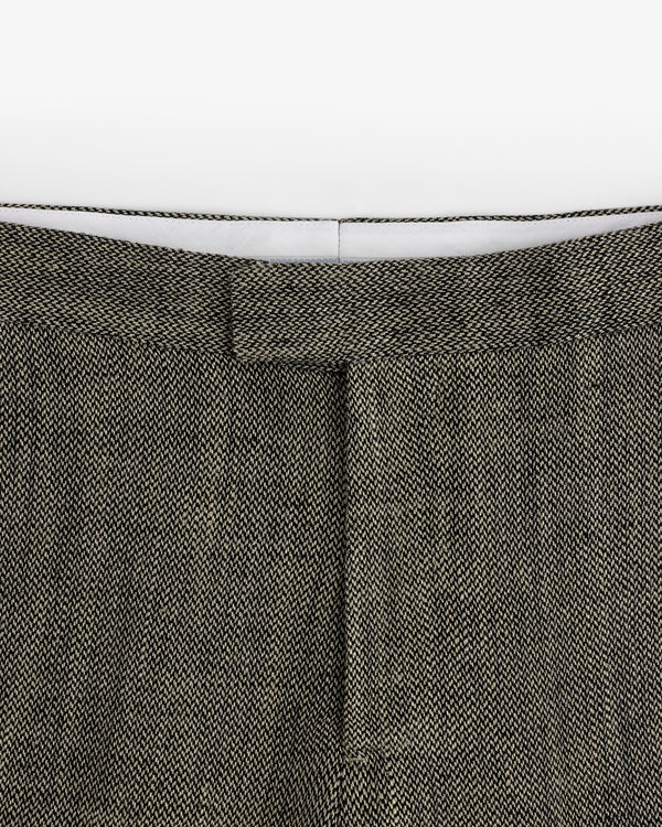 Close-up of the waistband and upper section of Yarn Dyed Linen Suit Trouser in brown and black herringbone.