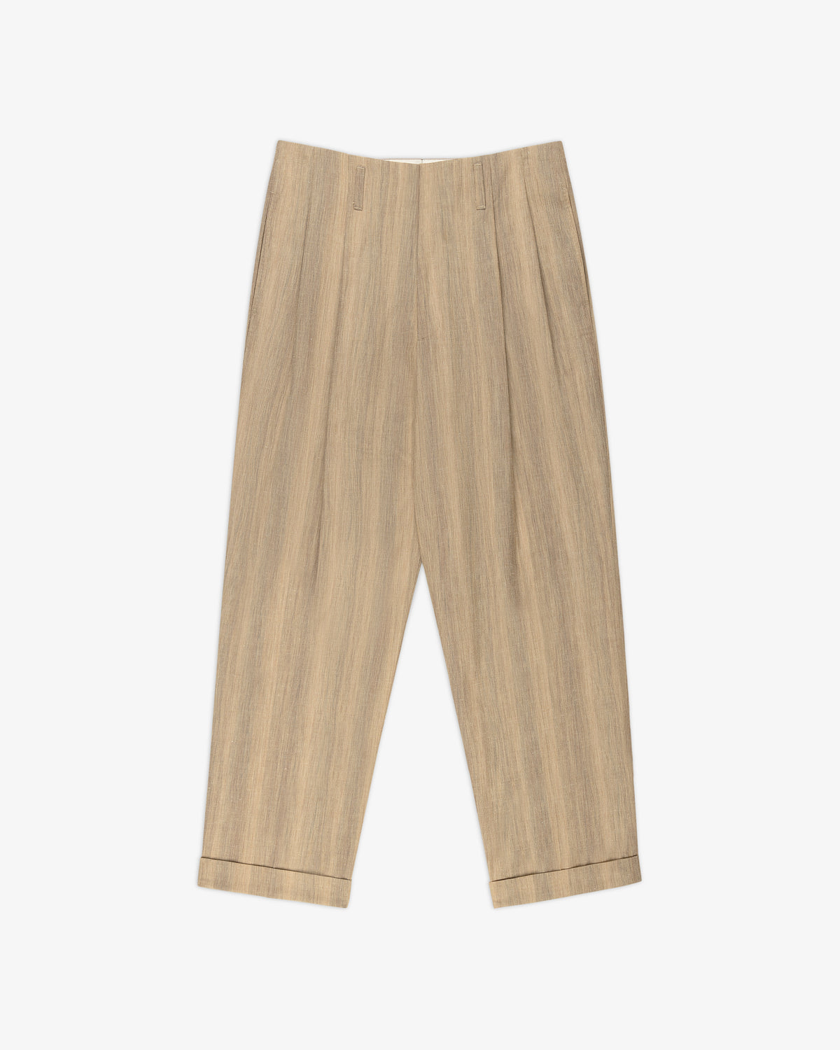 Double Pleated Safari Suit Trouser in beige with cuffed hems, belt loops, and subtle woodgrain pattern, laid flat.