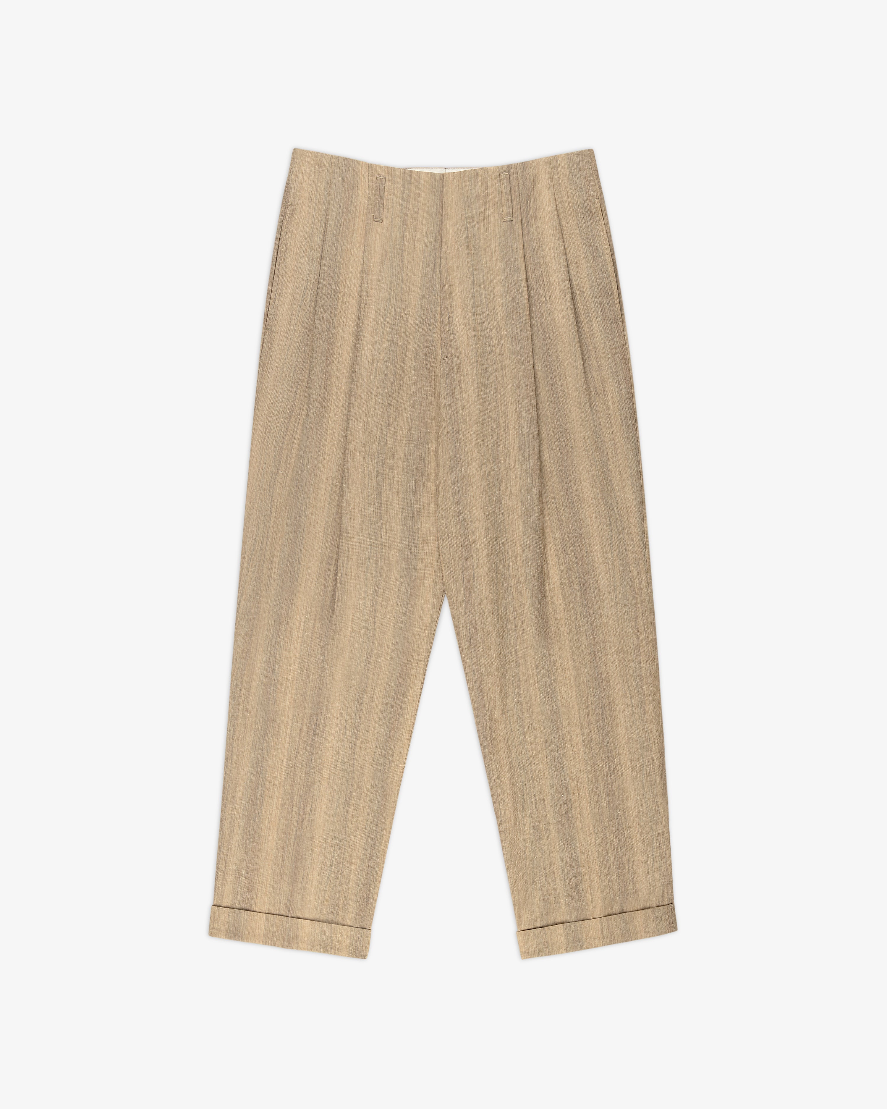 Double Pleated Safari Suit Trouser in beige with cuffed hems, belt loops, and subtle woodgrain pattern, laid flat.