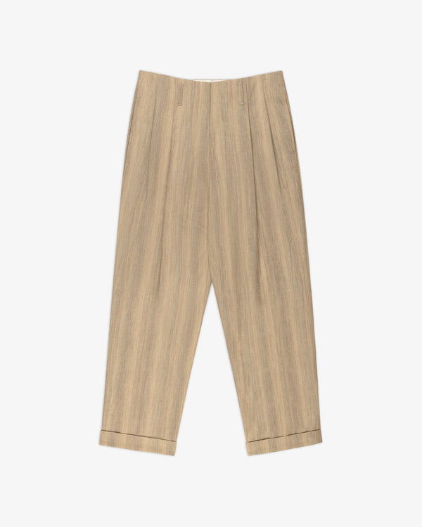 Double Pleated Safari Suit Trouser in beige with cuffed hems, belt loops, and subtle woodgrain pattern, laid flat.